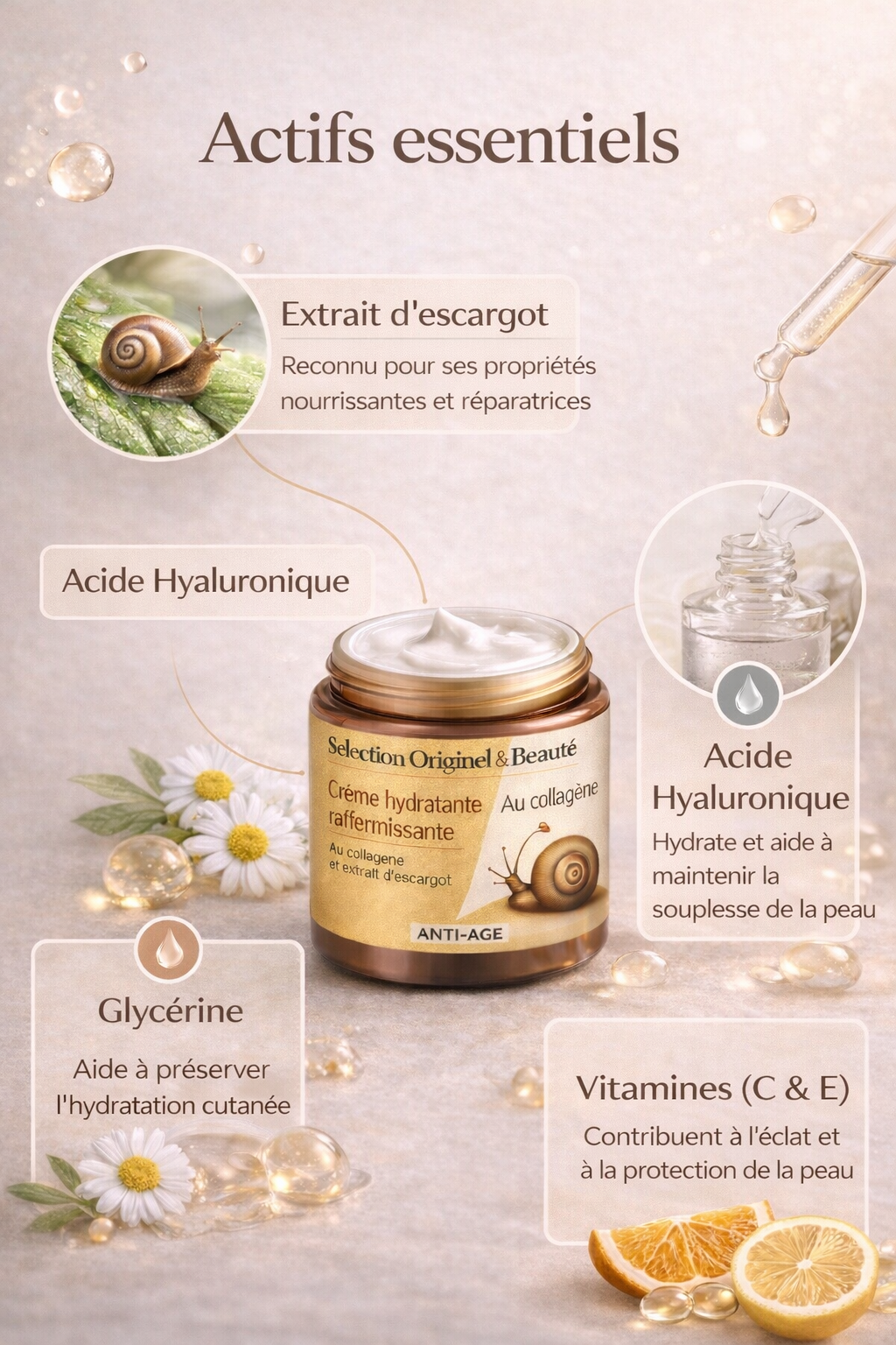 Actifs essentiels d’une crème hydratante raffermissante : extrait d’escargot, acide hyaluronique, glycérine et vitamines C et E