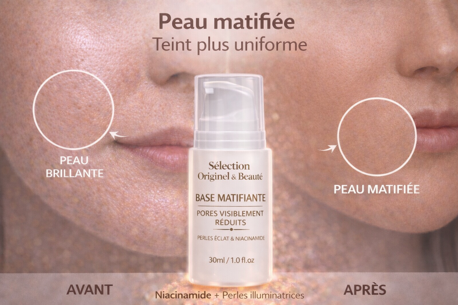 Crème matifiante visage hydratante avant apres peau matifiée Originel Beauté