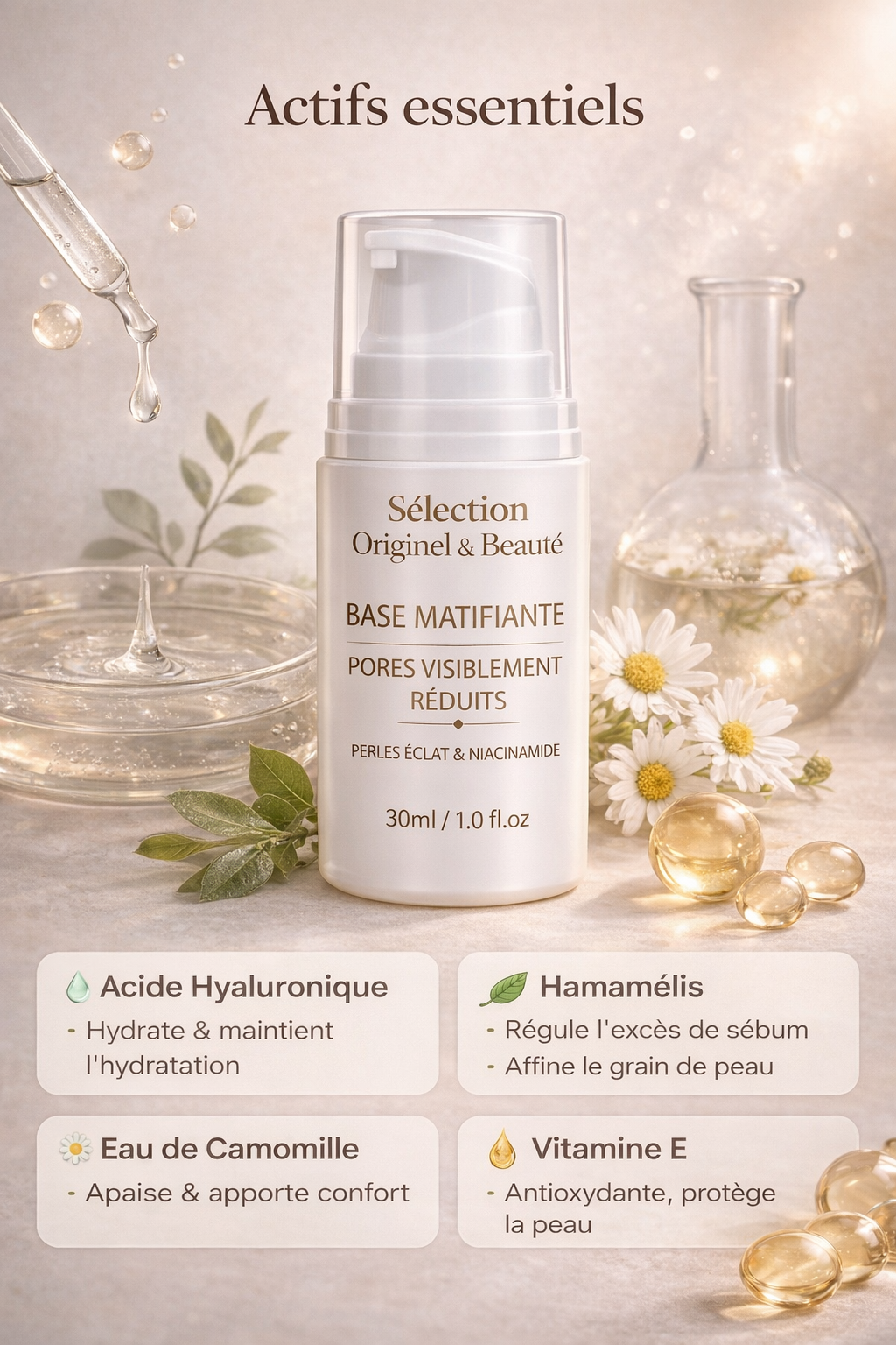 Image des ingrédients essentiels de la crème matifiante et hydratante Originel & Beauté avec acide hyaluronique, hamamélis, eau de camomille et vitamine E 