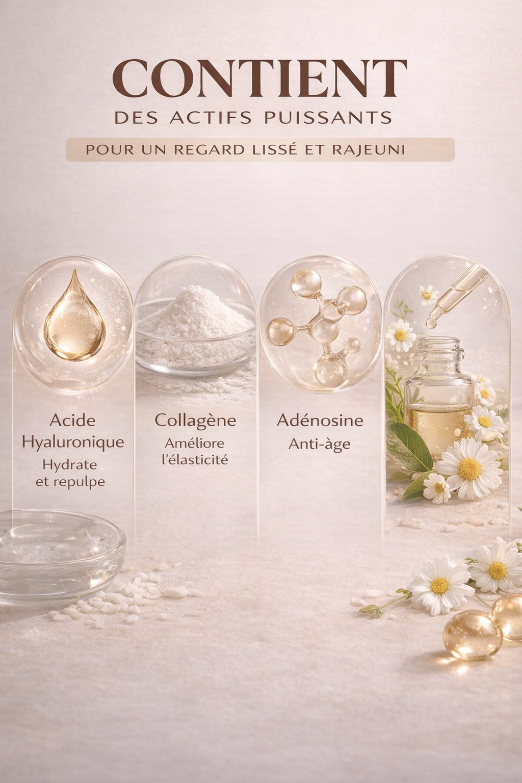 Ingrédients du masque contour des yeux hydratant avec acide hyaluronique, collagène et adénosine pour hydrater, lisser et réduire les signes de l’âge