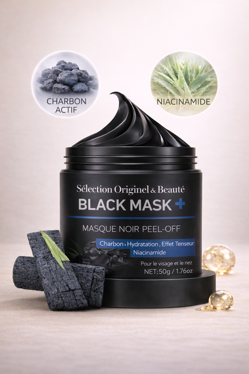 Masque nettoyant au charbon du trio peau nette Originel & Beauté pour éliminer les points noirs et purifier la peau
