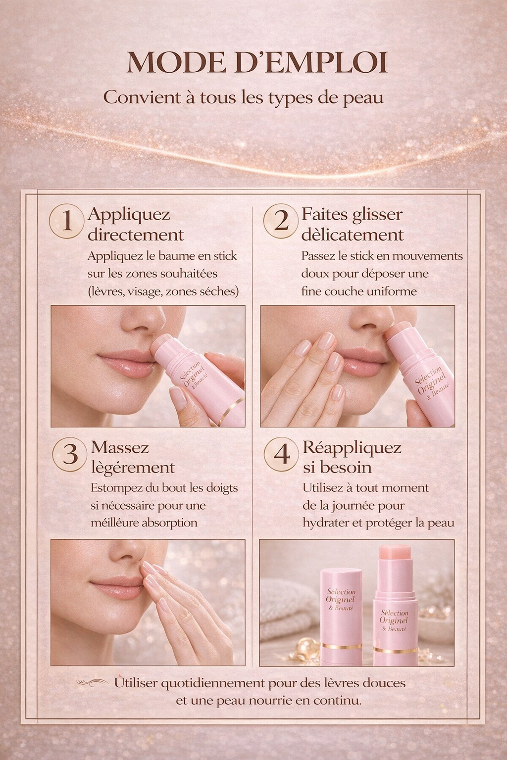 Mode d’emploi du baume stick hydratant multi-usage pour lèvres et zones sèches avec étapes d’application pour nourrir et protéger la peau