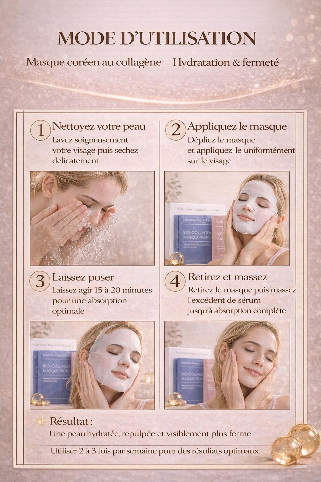 Mode d’utilisation du masque coréen au collagène avec étapes d’application pour hydrater, repulper et raffermir la peau du visage
