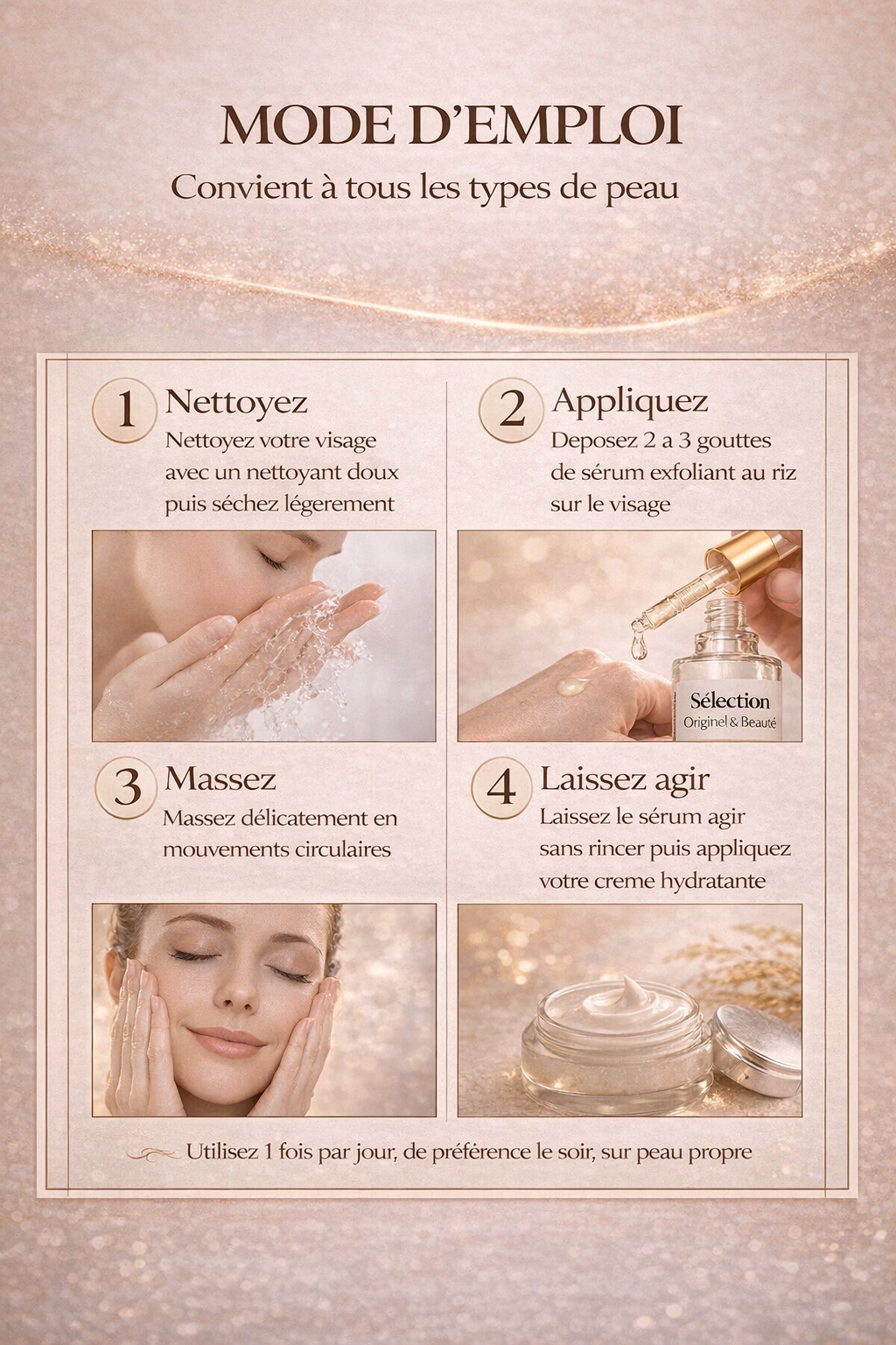 Mode d’emploi du sérum exfoliant visage au riz et niacinamide avec étapes d’application pour lisser la peau et réduire les imperfections