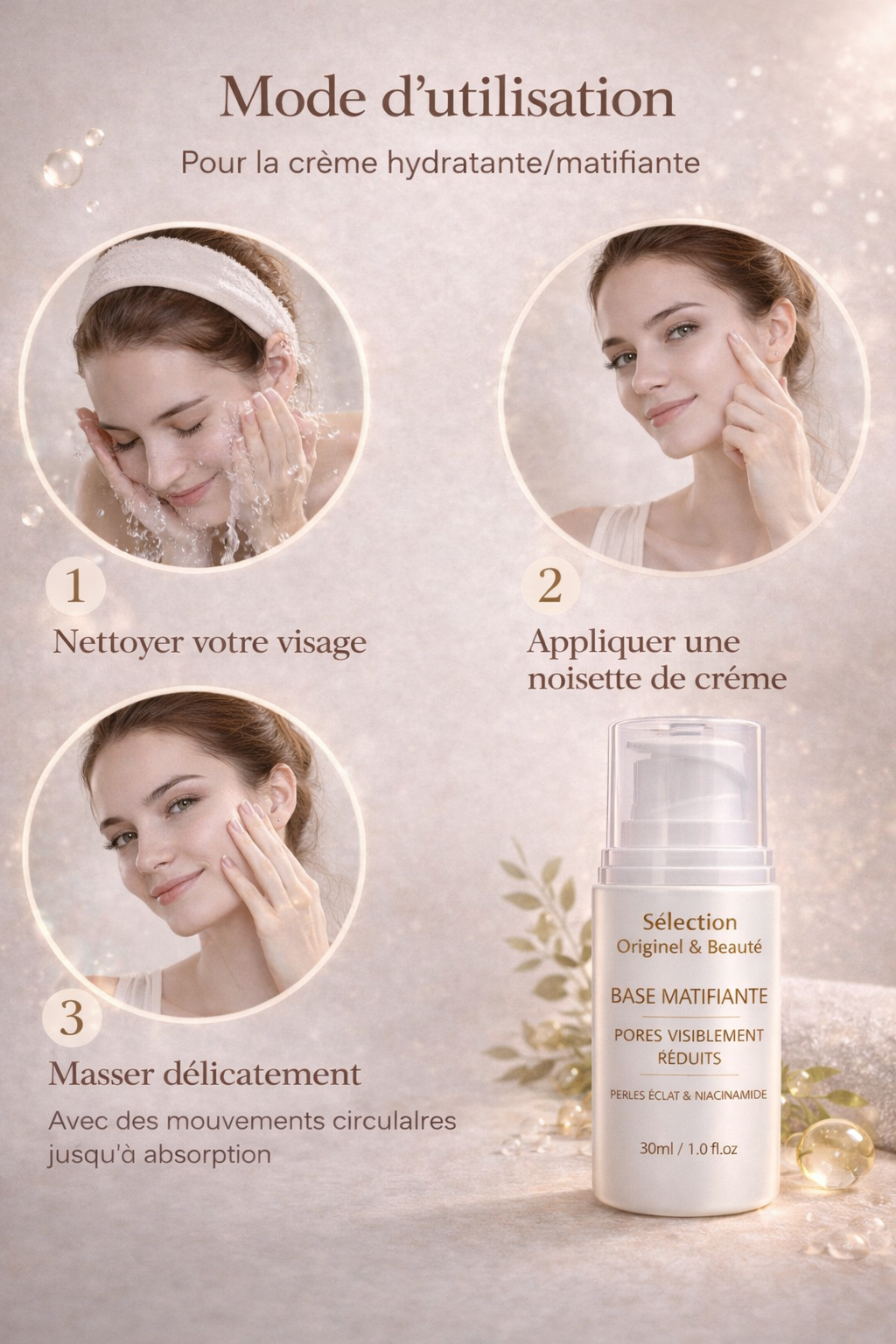 Mode d’utilisation de la crème hydratante et matifiante Originel & Beauté 