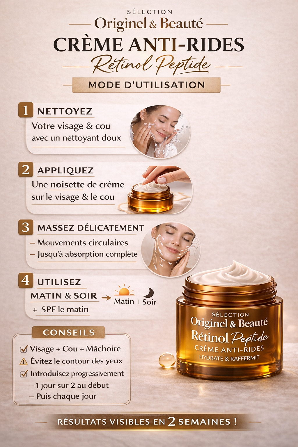 Comment utiliser une crème anti-rides au rétinol peptide, application sur le visage et le cou Originel & Beauté
