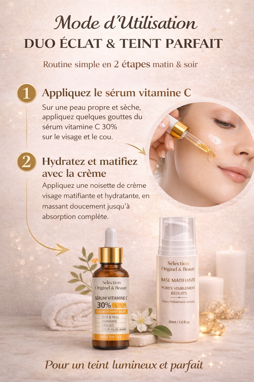 Mode d’utilisation du duo éclat et teint parfait avec sérum vitamine C et crème matifiante hydratante Originel Beauté pour une peau lumineuse et uniforme
