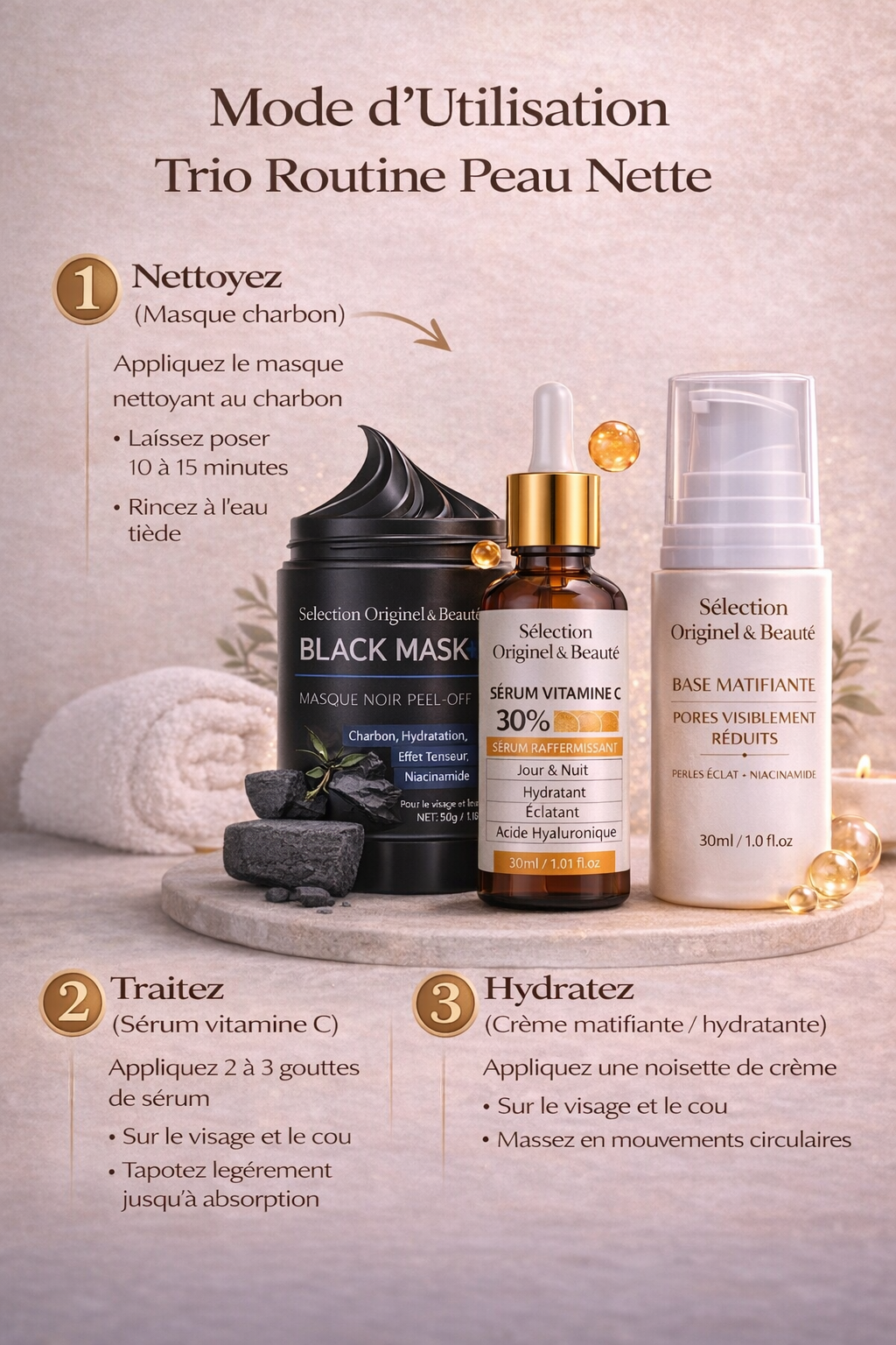 Mode d’utilisation du trio routine peau nette avec masque nettoyant au charbon, sérum vitamine C et crème matifiante hydratante Originel Beauté pour une peau nette et éclatante
