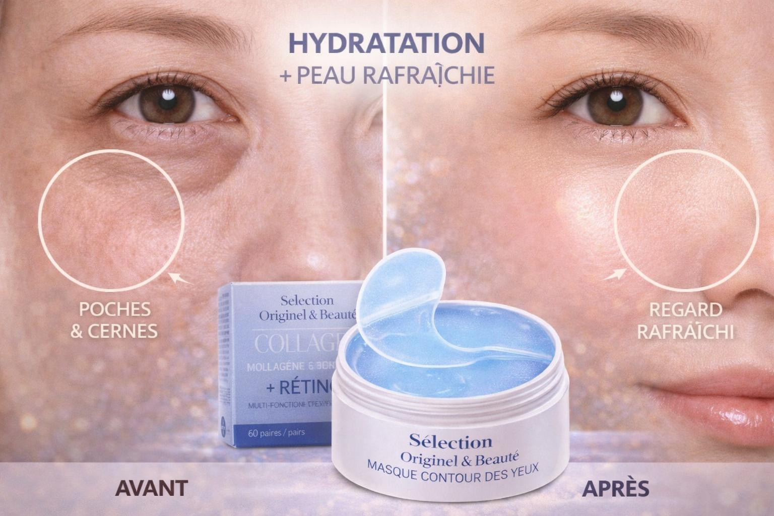 Patchs contour des yeux avant apres anti cernes poches regard rafraichi Originel Beauté