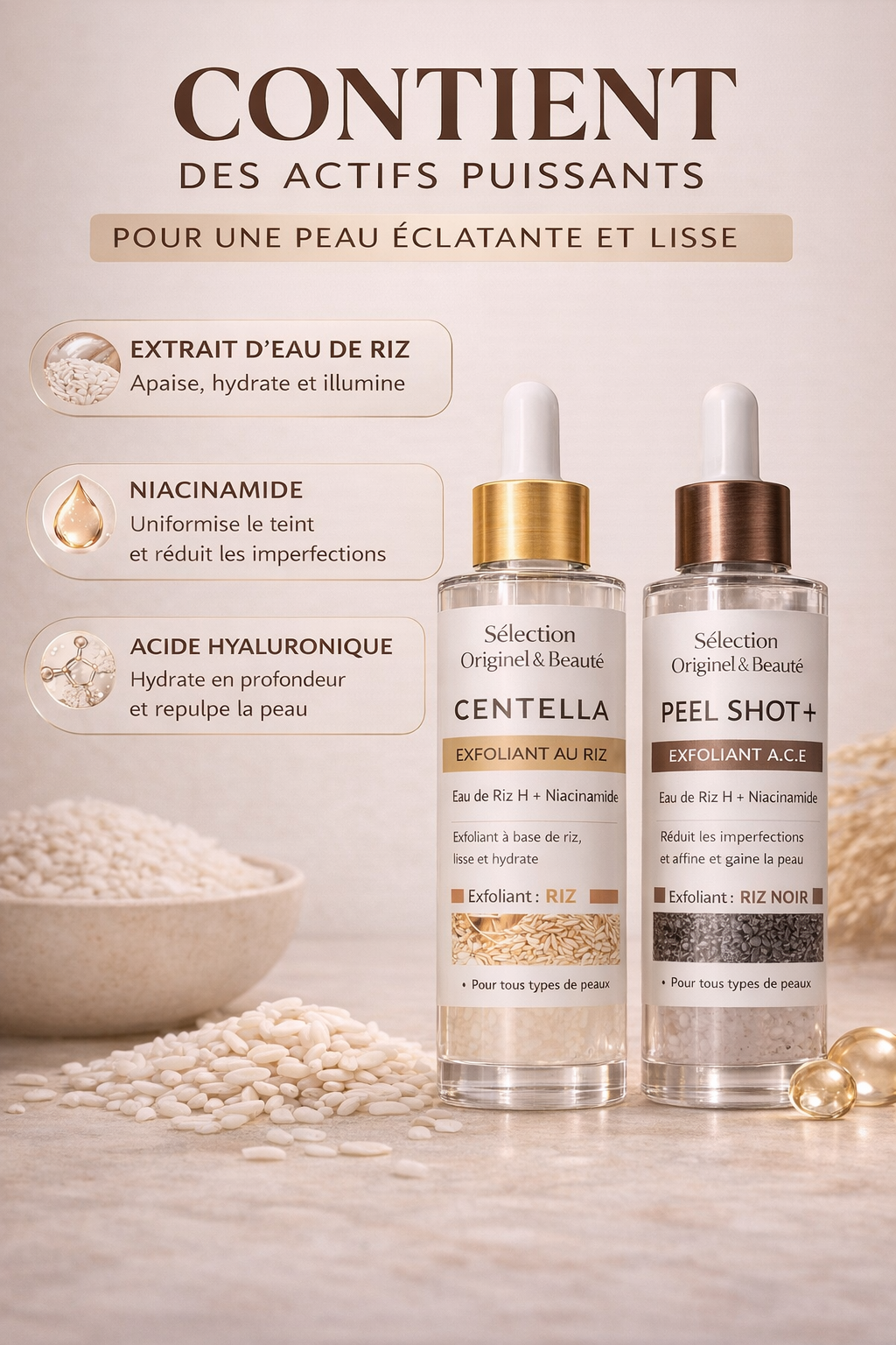 Sérum exfoliant visage AHA BHA niacinamide eau de riz soin peau lisse et renouvelée Originel Beauté
