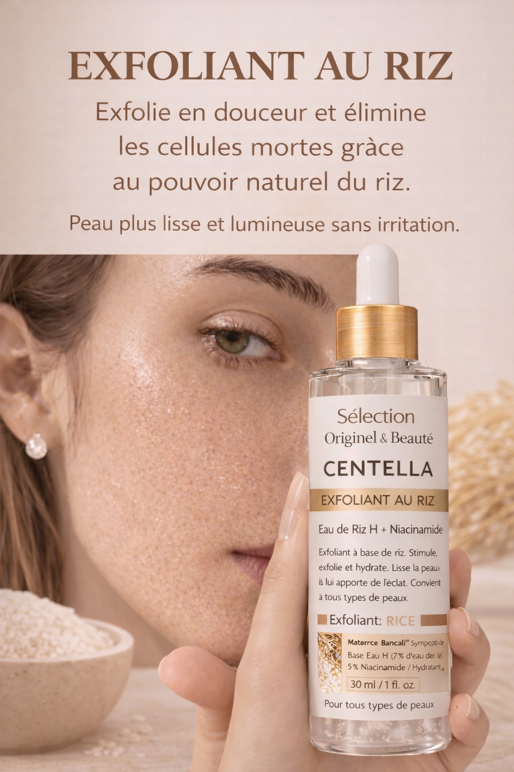 Sérum exfoliant visage eau de riz soin peeling doux peau lisse et éclat naturel Originel Beauté