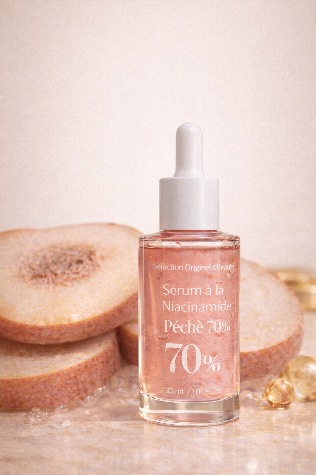 Sérum niacinamide pêche 70% soin visage anti imperfections hydratation peau lisse Originel et beauté 