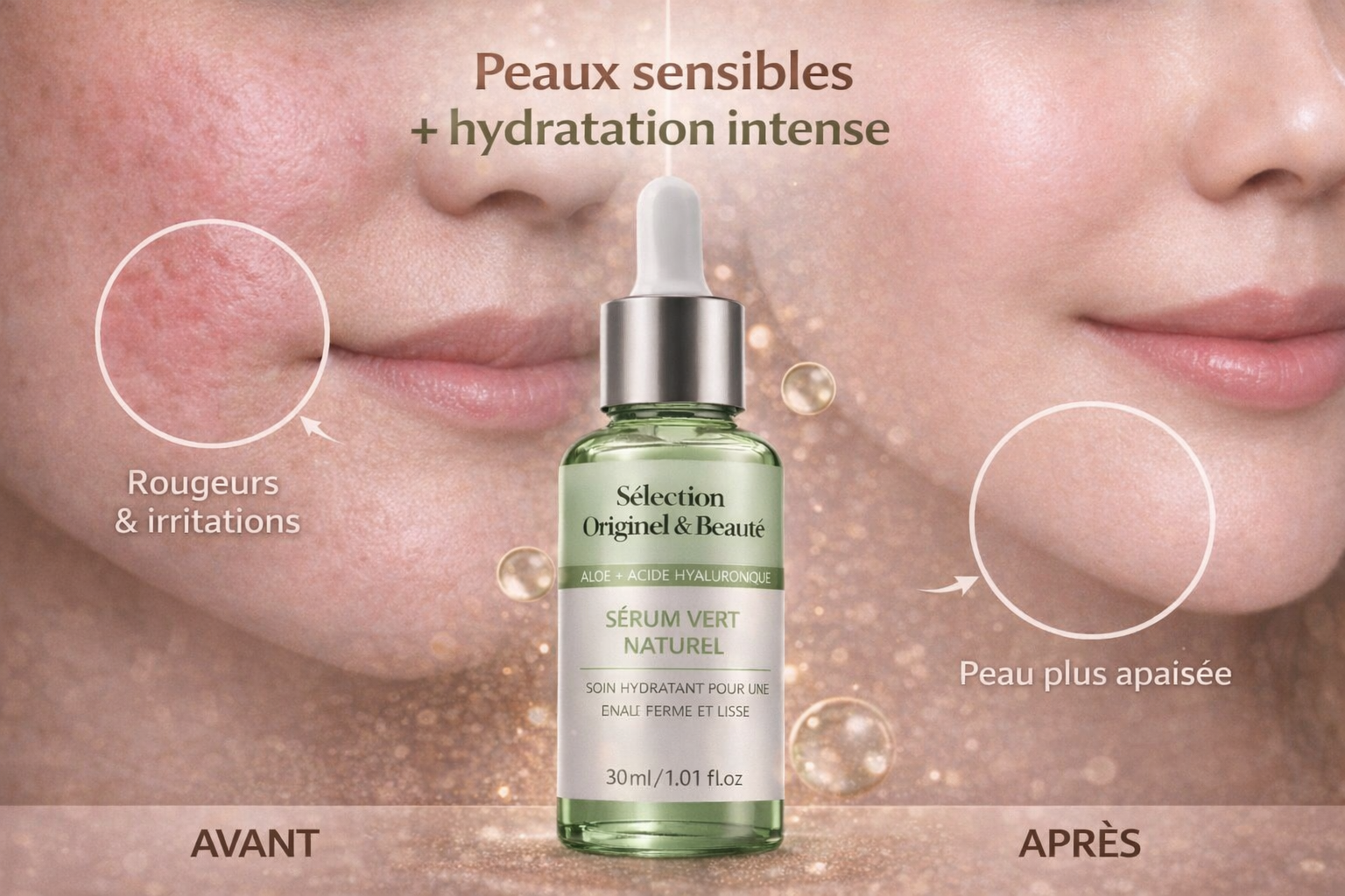 Sérum peaux sensibles avant apres peau apaisée hydratation visage Originel Beauté