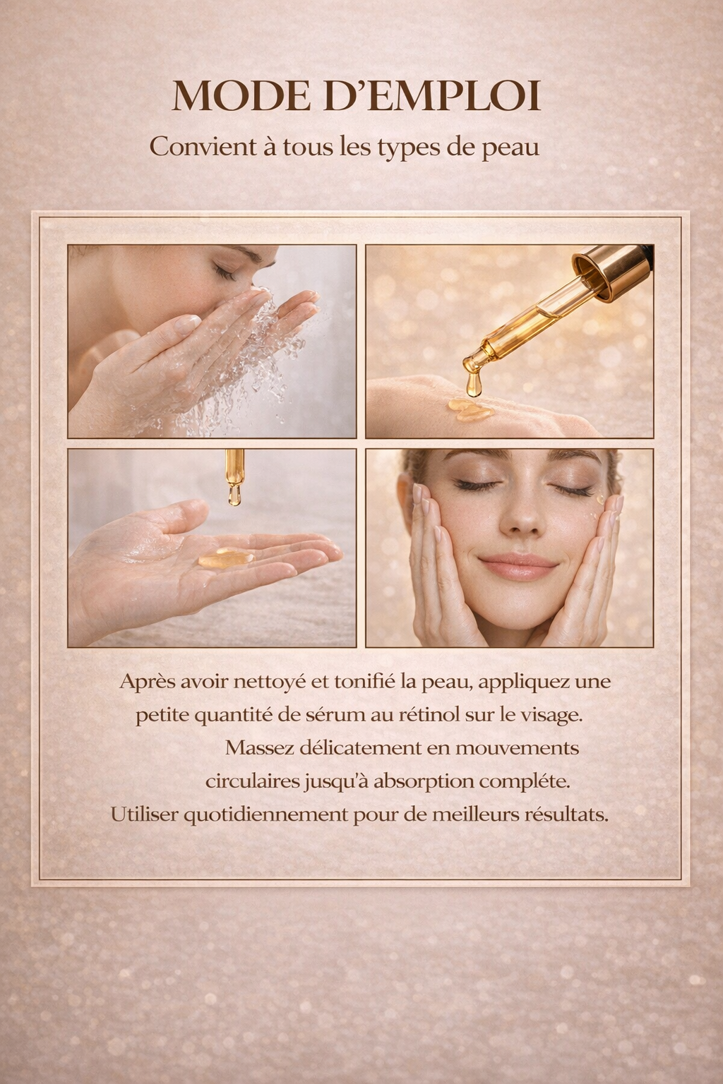 Mode d’emploi du sérum anti-âge au rétinol Originel & Beauté montrant les étapes d’application sur le visage pour une peau lisse et éclatante
