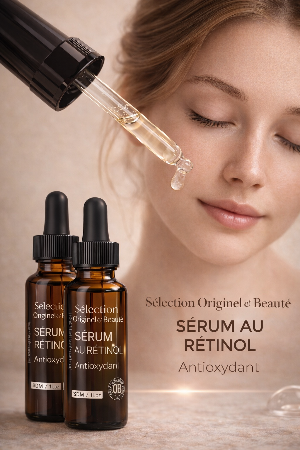 Application sérum anti-rides visage au rétinol soin anti-âge Originel Beauté