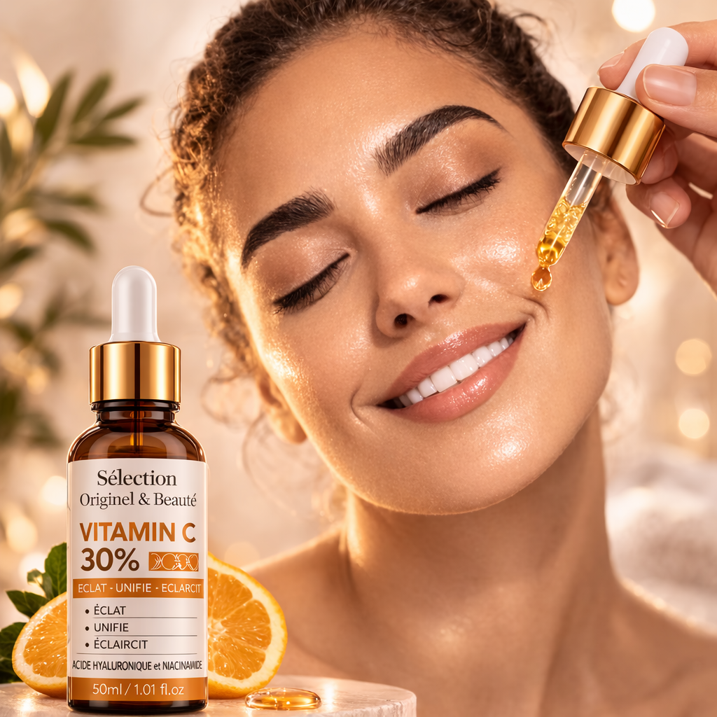 Application sérum vitamine C visage soin éclat peau hydratation et teint lumineux Originel Beauté